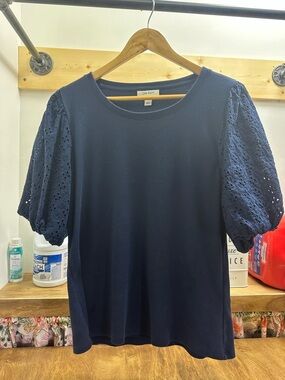 Navy Puff-Sleeve Eyelet Top - Women's size XL